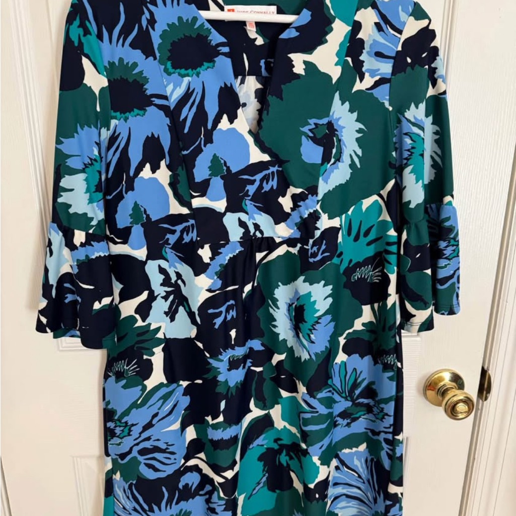 Jude Connally Floral V-Neck Bell Sleeve Dress Blue/Teal/Navy/White Nwot Xs